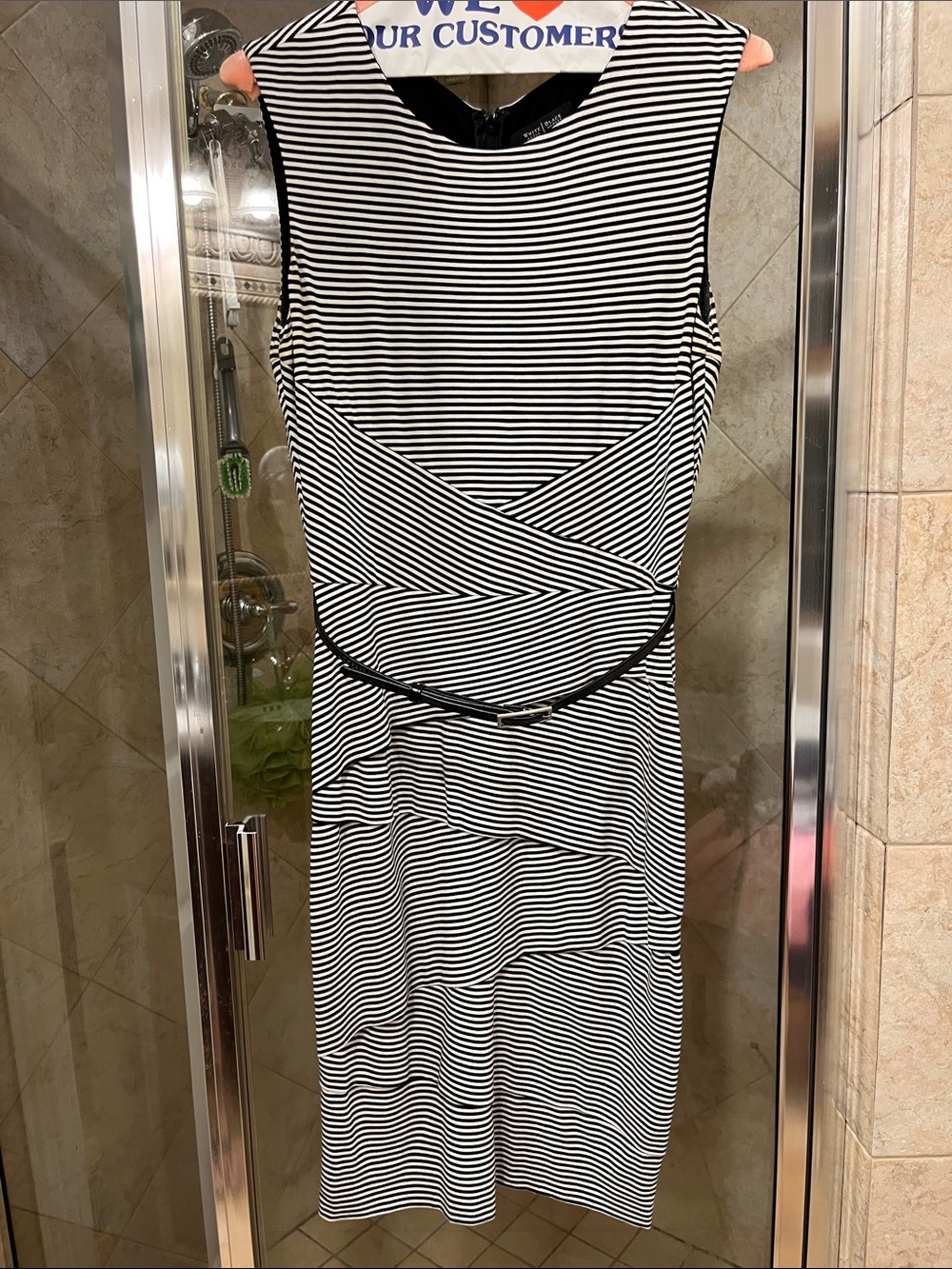 White House Black Market Black & White Striped Midi Dress with Belt